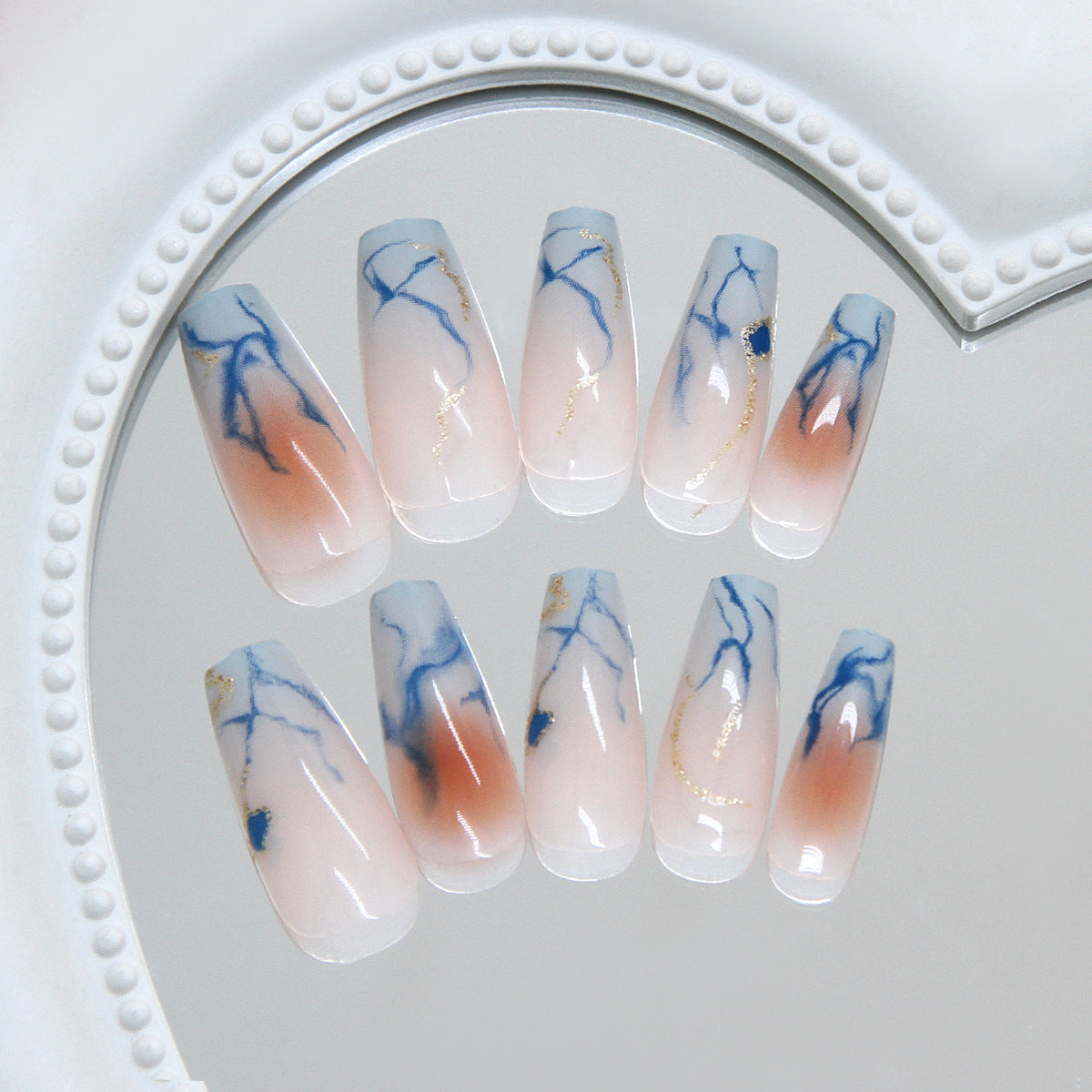 Ocean Breeze Long Coffin Pink and Blue Marble Effect Press on Nail Set