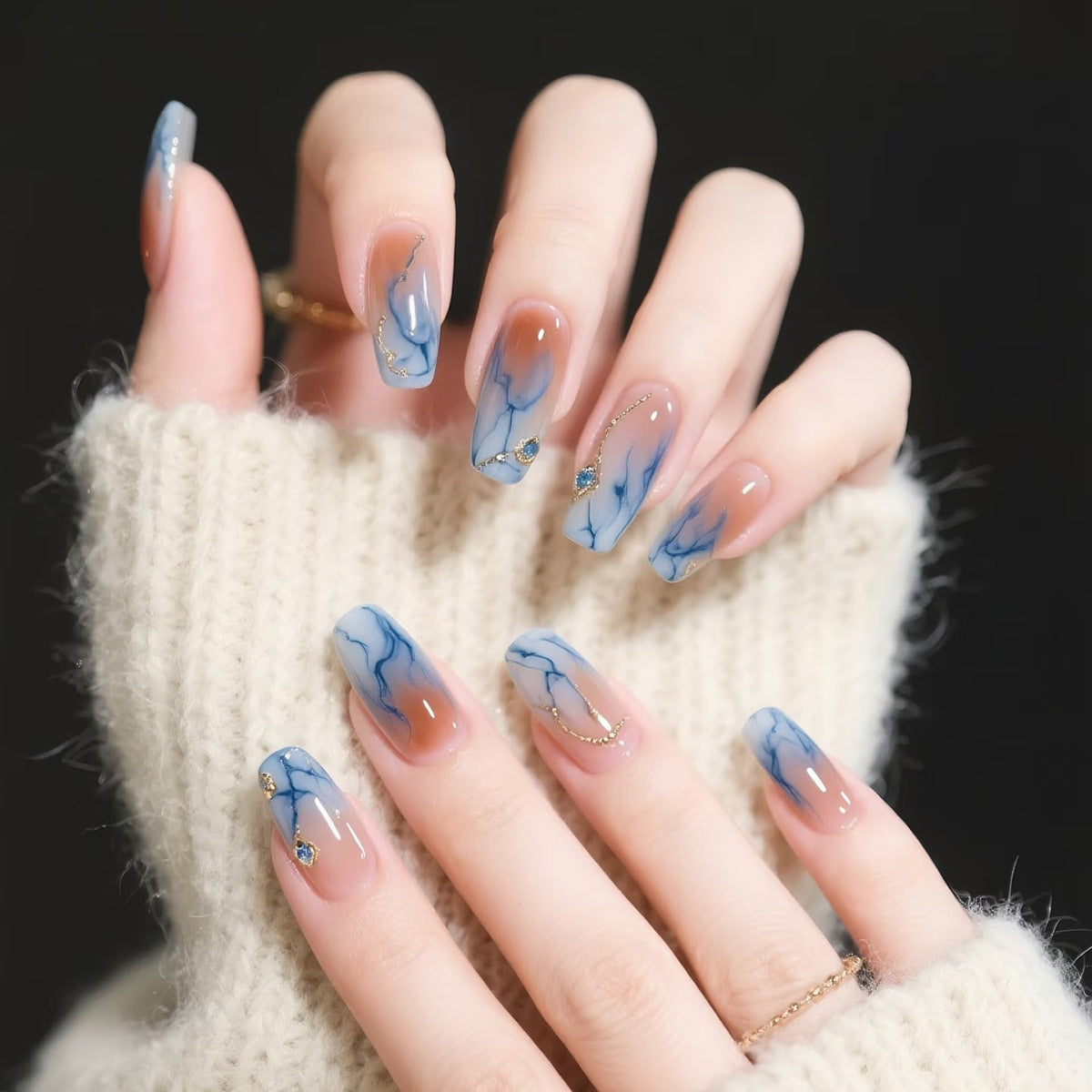 Marble Dreams Long Coffin Blue Marbled Design with Sparkling Accents Press on Nail Set