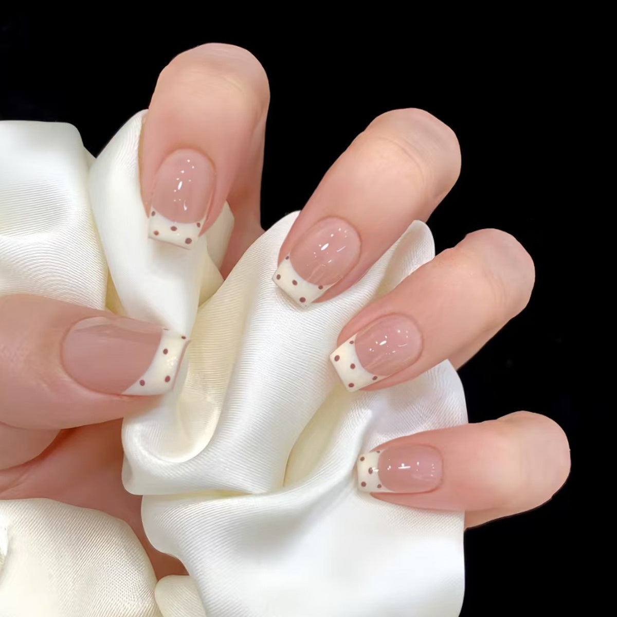 Elegant Blossom Short Square Beige with Dots Press On Nail Set