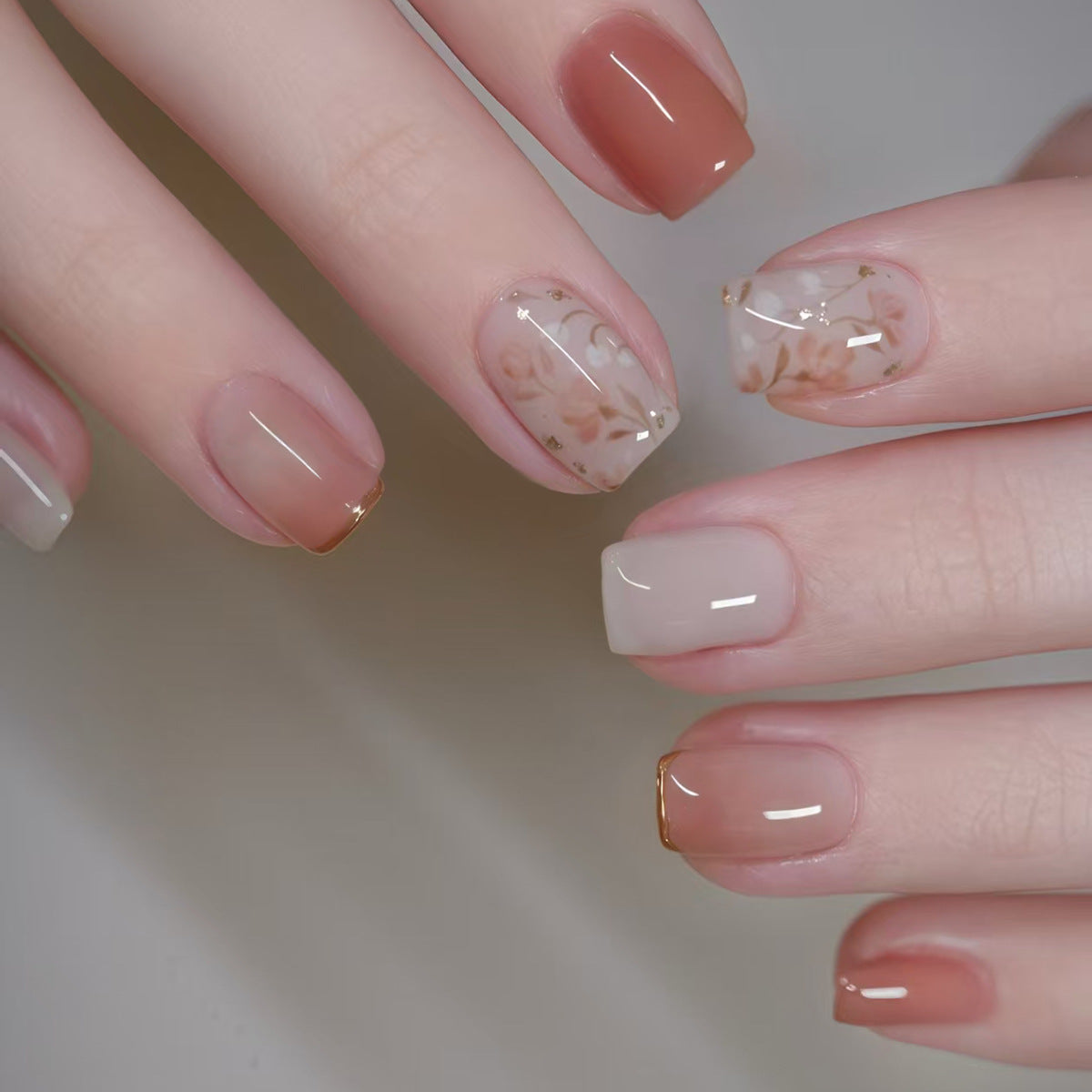 Serene Blossom Medium Square Beige Floral Accent Press On Nail Set