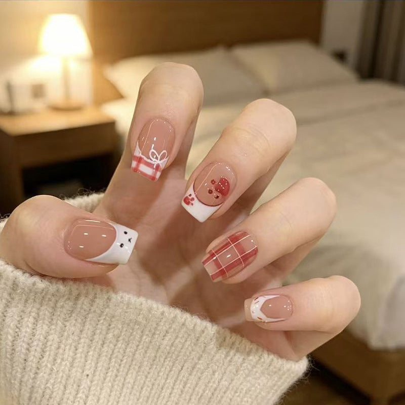 Charming Winter Vibes Medium Square Beige with Cute Holiday Designs Press On Nail Set