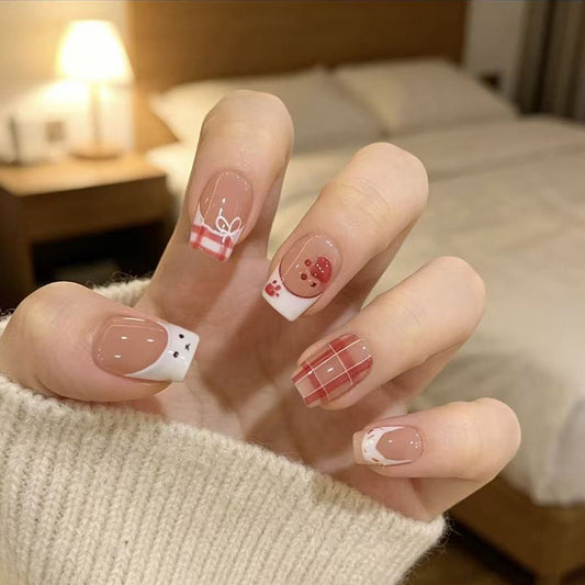 Charming Winter Vibes Medium Square Beige with Cute Holiday Designs Press On Nail Set