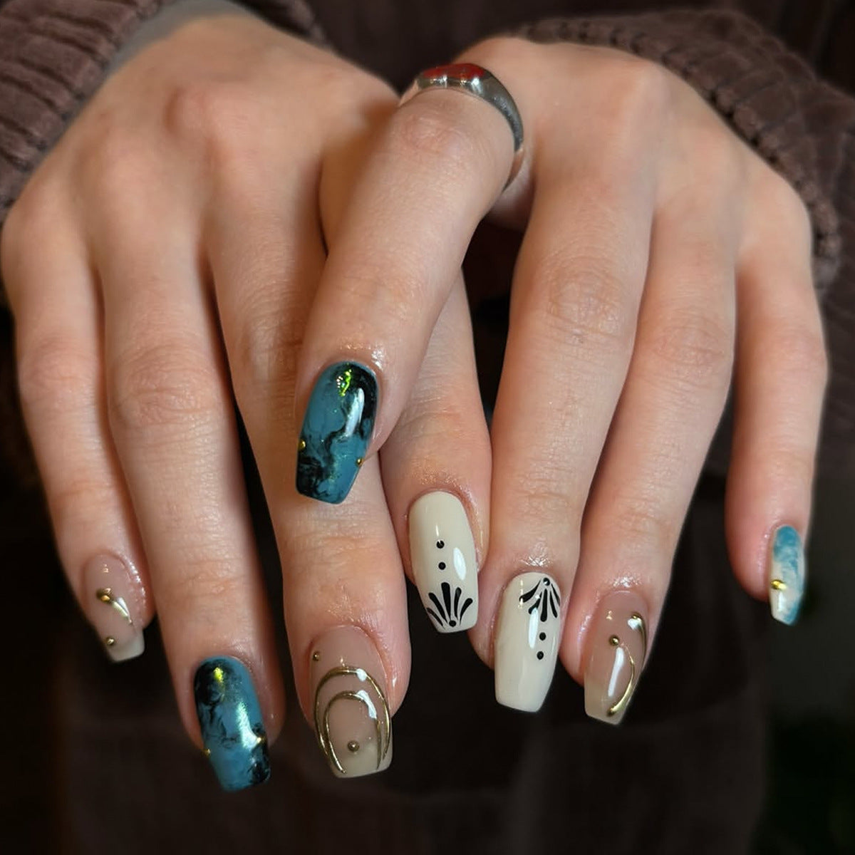 Mystical Ocean Vibes Medium Coffin Blue Marble Press On Nail Set with Elegant Gold Accents