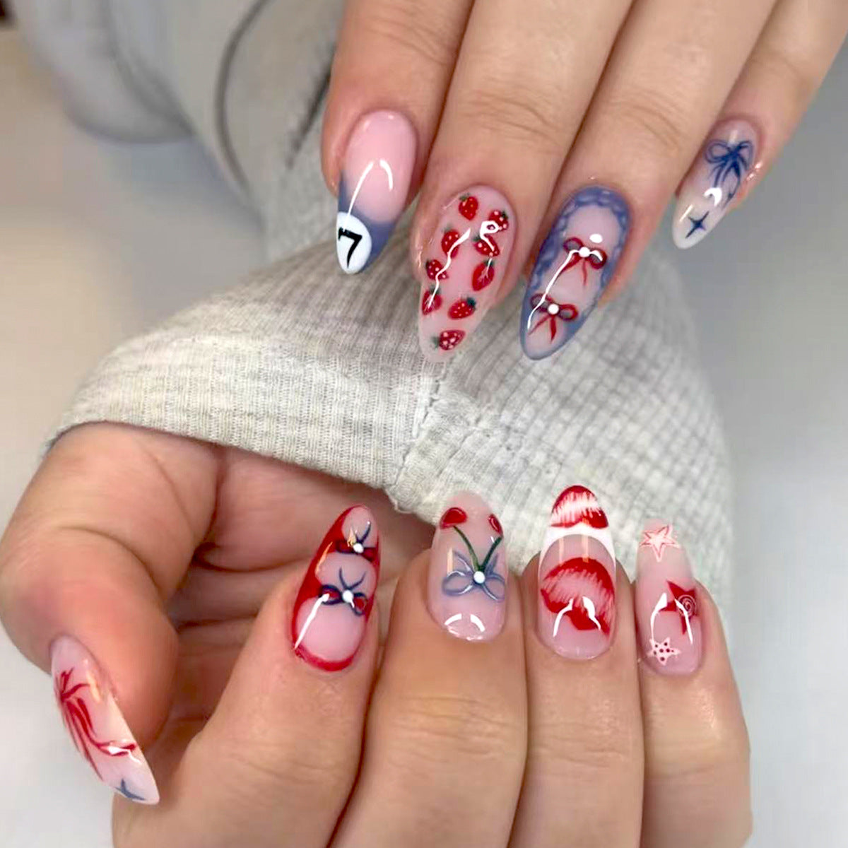 Charming Cherry Blossom Medium Almond Red and Blue Floral Design Press On Nail Set