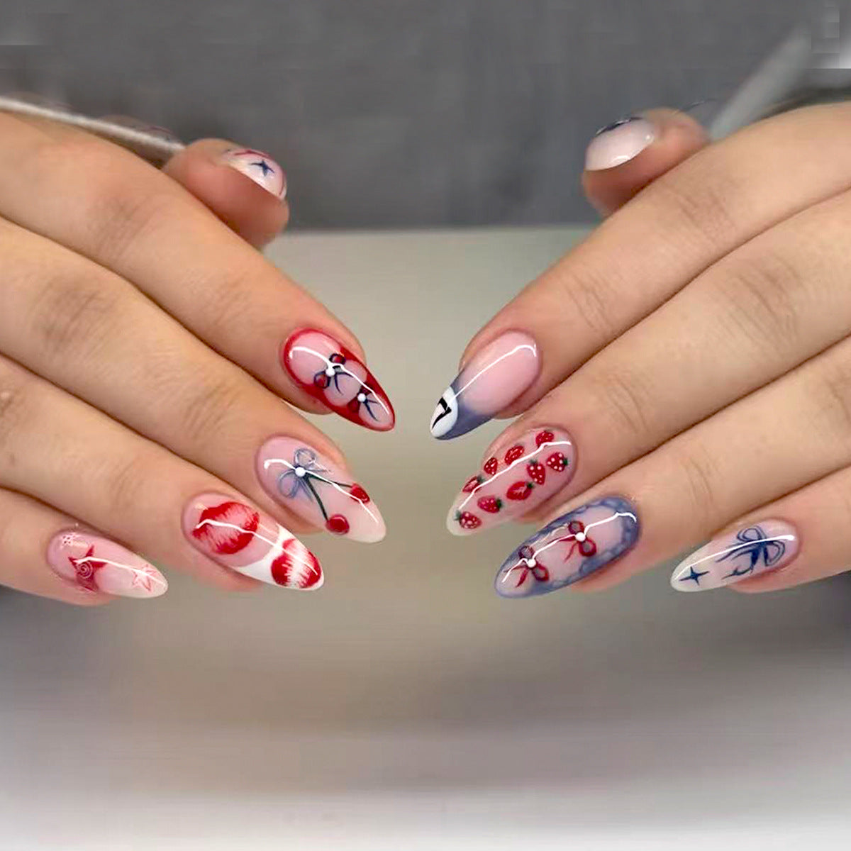 Romantic Floral Medium Almond Red and Blue Artistic Design Press On Nail Set