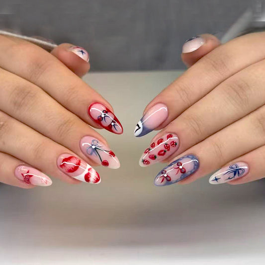 Romantic Floral Medium Almond Red and Blue Artistic Design Press On Nail Set