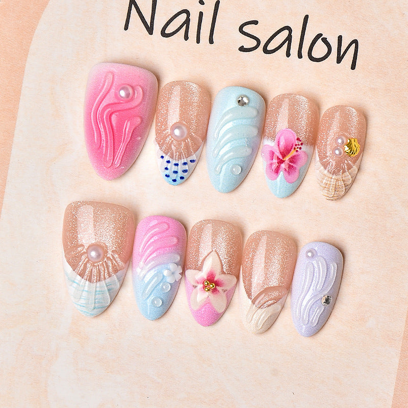 Tropical Paradise Medium Almond Pink and Blue with Floral Accents Press On Nail Set