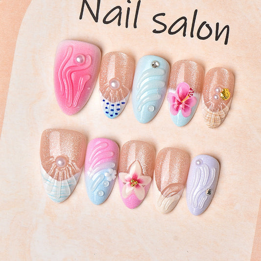 Tropical Paradise Medium Almond Pink and Blue with Floral Accents Press On Nail Set