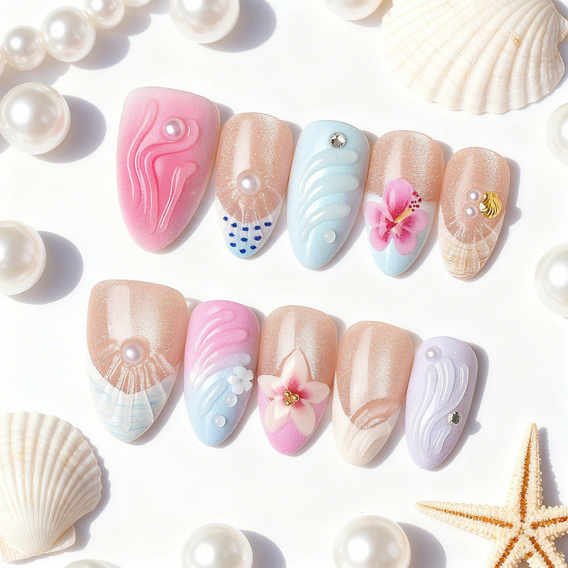 Ocean Breeze Medium Almond Pastel Nail Set with Floral Accents