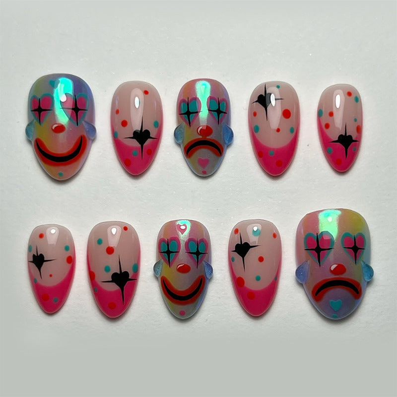 Playful Clown Theme Medium Almond Colorful Face Design Press On Nail Set