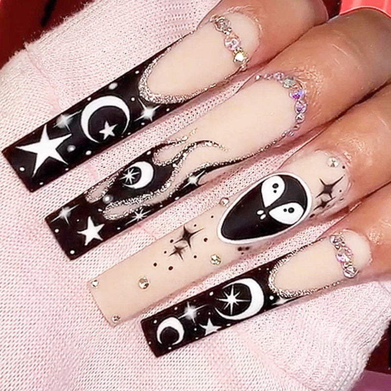 Mystical Starry Night Long Square Black Design with Glitter Accent Press On Nail Set