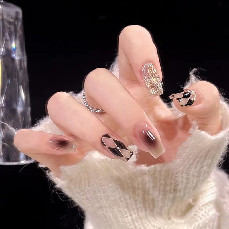 Glamorous Geometric Gala Medium Square Beige Press On Nail Set with Sparkling Accents