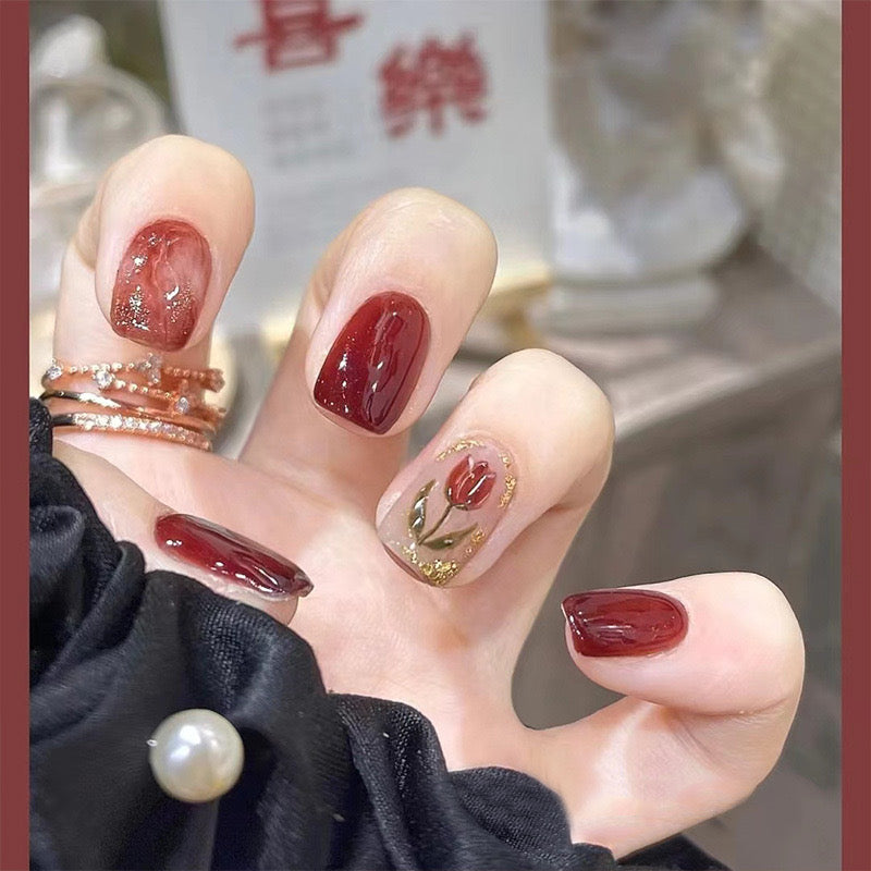 Elegant Oriental Blossom Collection Short Round Deep Red Press On Nail Set with Gold Floral Accents