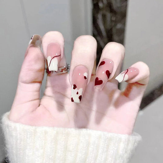 Romantic Rendezvous Long Coffin-Shaped Beige and Red Heart Design Press On Nail Set