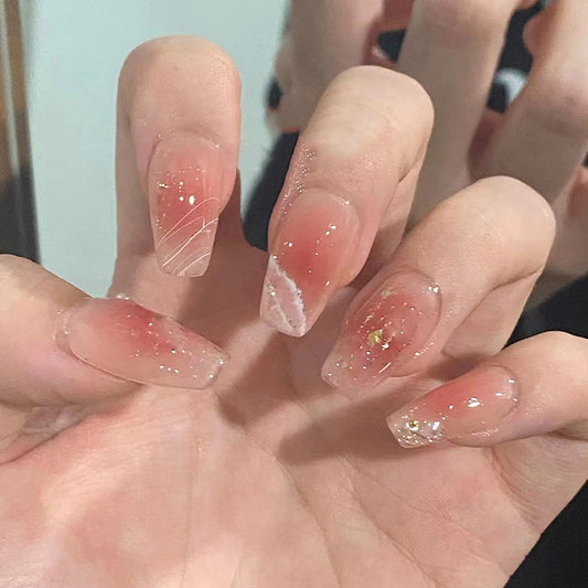 Enchanted Elegance Long Coffin Shaped Peach Glitter Accent Press On Nail Set