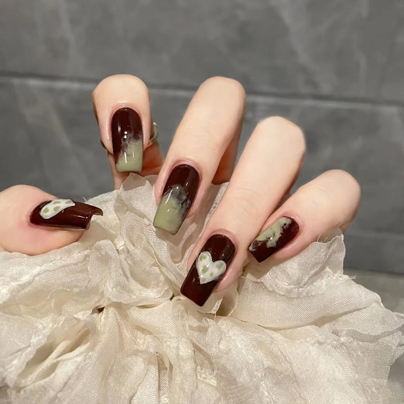Autumn Elegance Long Coffin Burgundy Press On Nails with Olive Accent and Floral Design