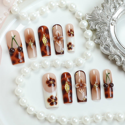 Elegant Botanical Dream Long Square Brown Press-On Nail Set with Floral Embellishments