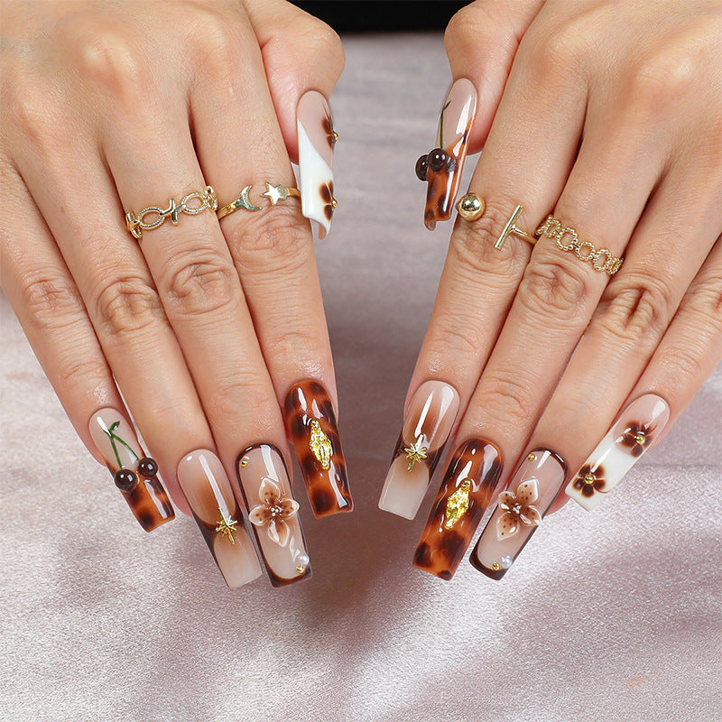 Autumn Elegance Extra Long Square Shaped Brown and Beige Press On Nail Set with Floral and Gemstone Accents
