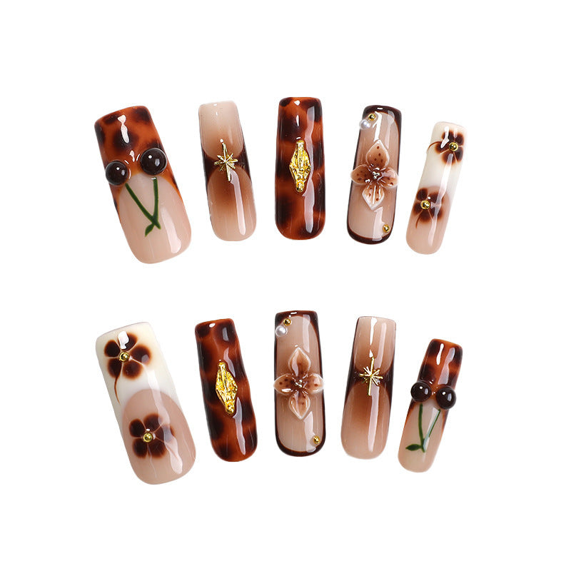 Bohemian Elegance Long Square Brown Press On Nail Set with Floral and Gemstone Accents