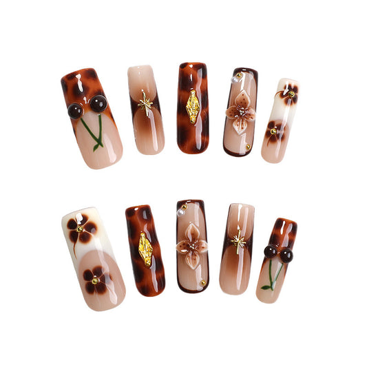 Bohemian Elegance Long Square Brown Press On Nail Set with Floral and Gemstone Accents