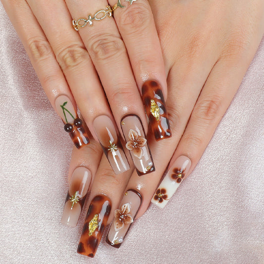 Tortoise Shell Elegance Long Square Shape Brown and Beige with Floral and Gold Accents Press on Nail Set