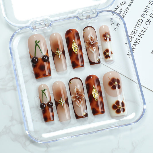 Autumn Elegance Long Square Brown Ombre Press On Nail Set with Floral and Jewel Accents