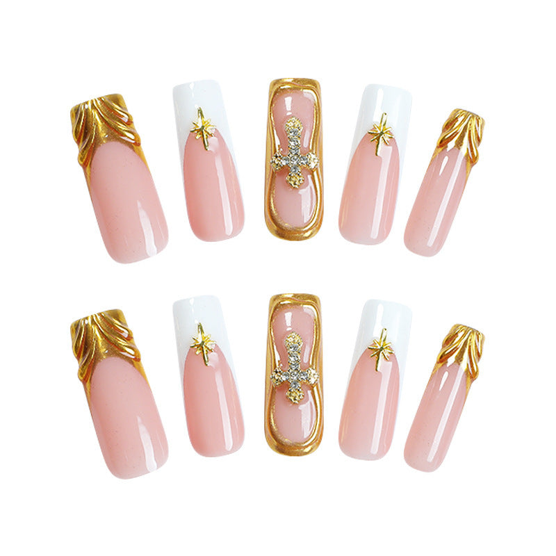 Glamorous Fairy Tale Long Square Blush Pink and White Press-On Nail Set with Gold Accents and Star Designs