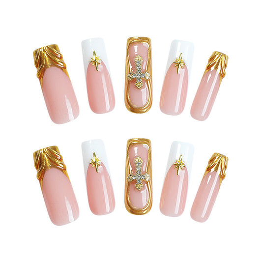 Glamorous Fairy Tale Long Square Blush Pink and White Press-On Nail Set with Gold Accents and Star Designs