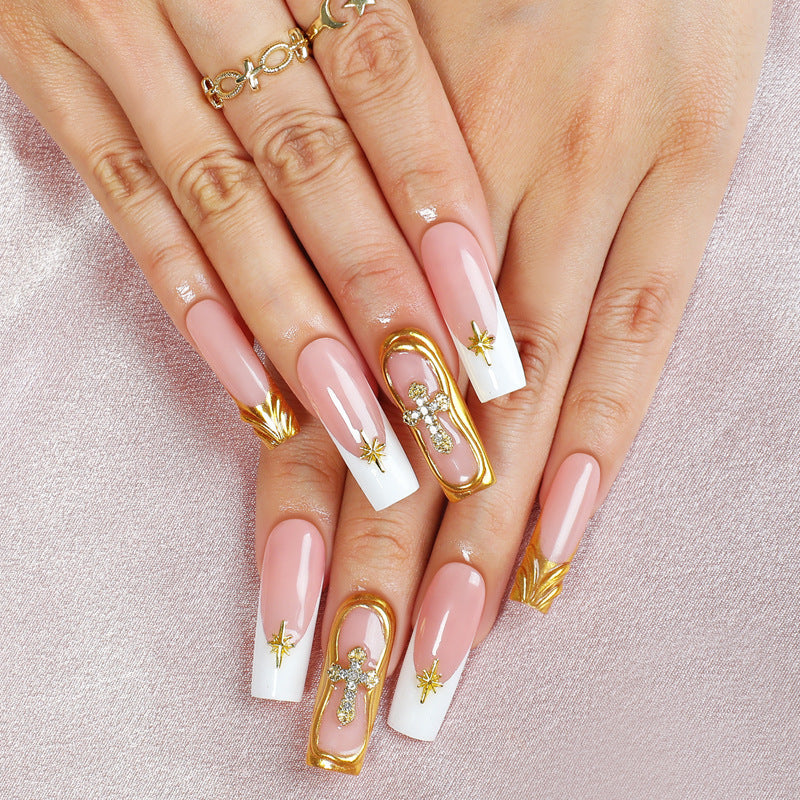 Celestial Charm Long Square Pink and White Press-On Nail Set with Gold Cross Accents