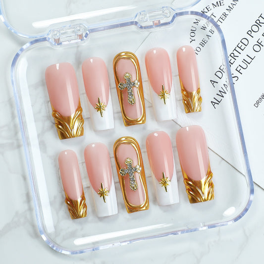 Divine Elegance Long Square Pink Press On Nail Set with Gold Cross and Star Accents