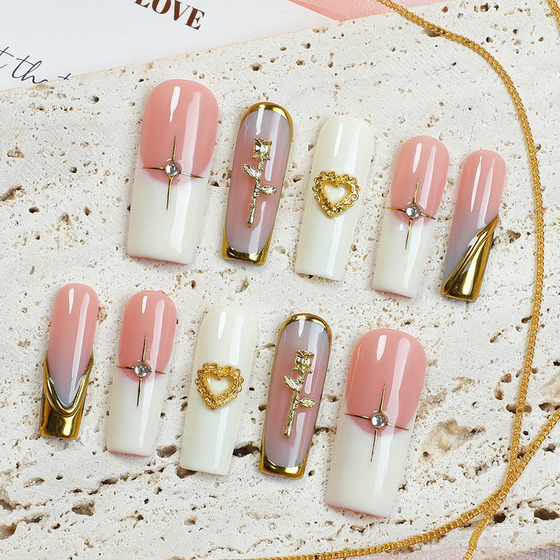 Charming Elegance Long Square Pink and White Press On Nail Set with Decorative Gems and Metallic Accents