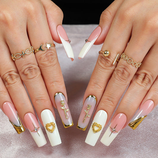 Chic Romance Long Square Shaped Pink and White Press On Nail Set with Intricate Gold Accents