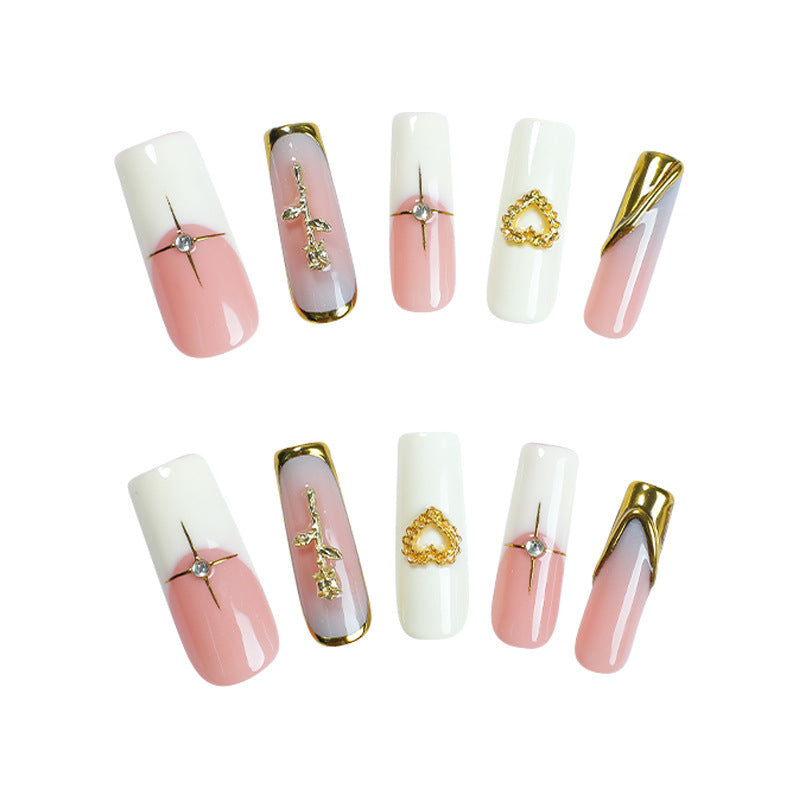 Charming Elegance Long Square Pink and White Press On Nail Set with Gold Accents and Unique Embellishments
