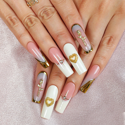 Chic Elegance Long Square Shaped Soft Pink and White Press On Nail Set with Gold Embellishments