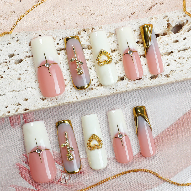 Glamorous Elegance Long Square Pink and White Gradient Press on Nail Set with Gold Accents