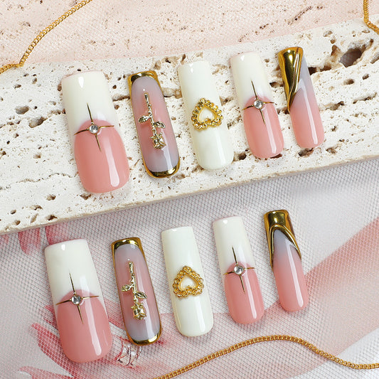 Glamorous Elegance Long Square Pink and White Gradient Press on Nail Set with Gold Accents