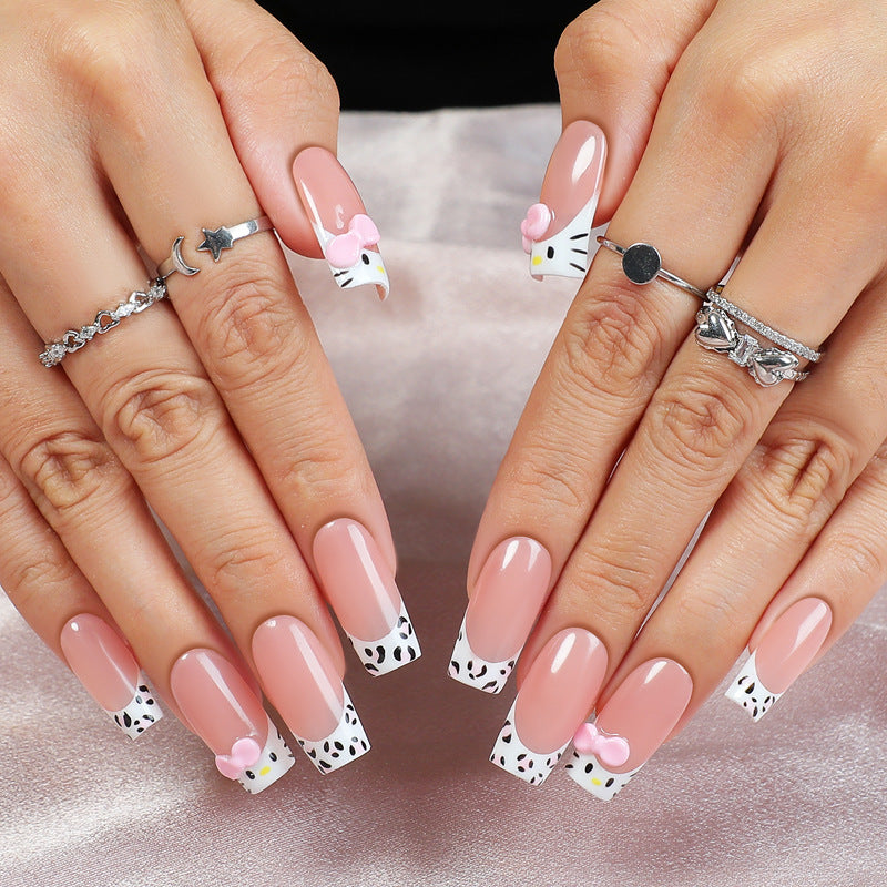 Hello Kitty Inspired Medium Square Blush Pink Press On Nail Set With Whimsical Kitty Face Detail