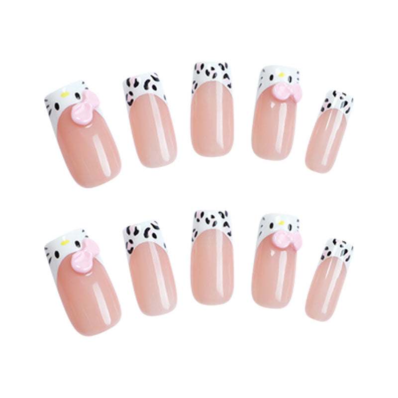 Charming Pet Theme Medium Square Pink And White Nail Set With Fun Bow And Leopard Print Accent