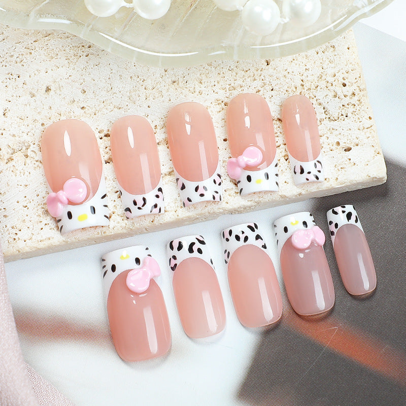 Adorable Kitty Theme Medium Length Square Shaped Pink And White Press On Nail Set With Cute Bow And Dalmatian Print Design