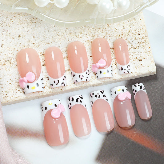 Adorable Kitty Theme Medium Length Square Shaped Pink And White Press On Nail Set With Cute Bow And Dalmatian Print Design