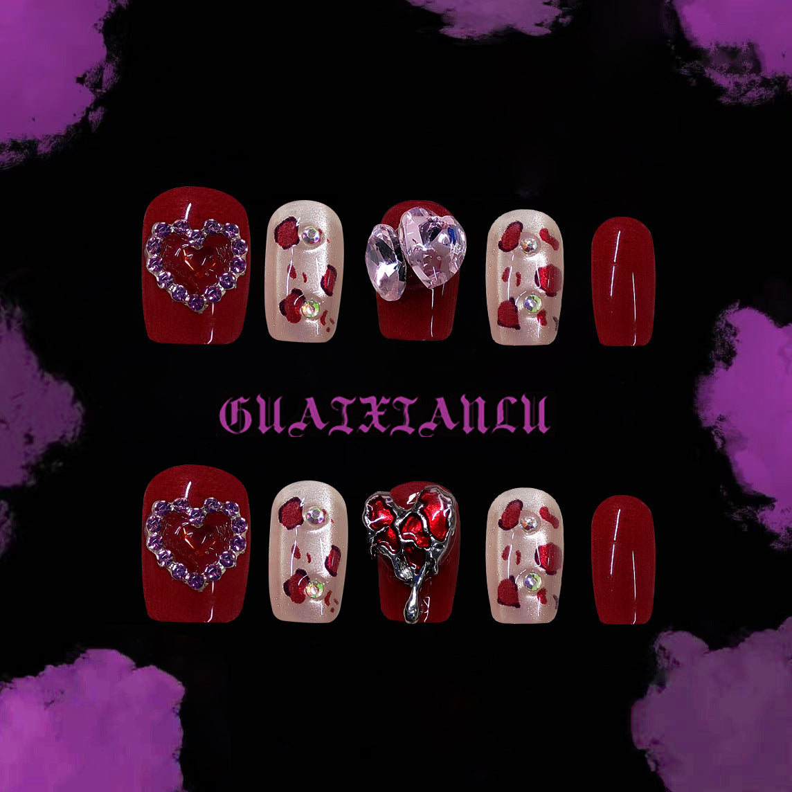 Enchanting Romance Medium Square Red and Beige Nails with Heart and Floral Accents