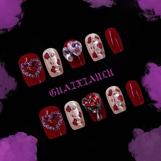 Gothic Romance Medium Square Burgundy and Beige Color Press on Nail Set with Heart and Gemstone Accents
