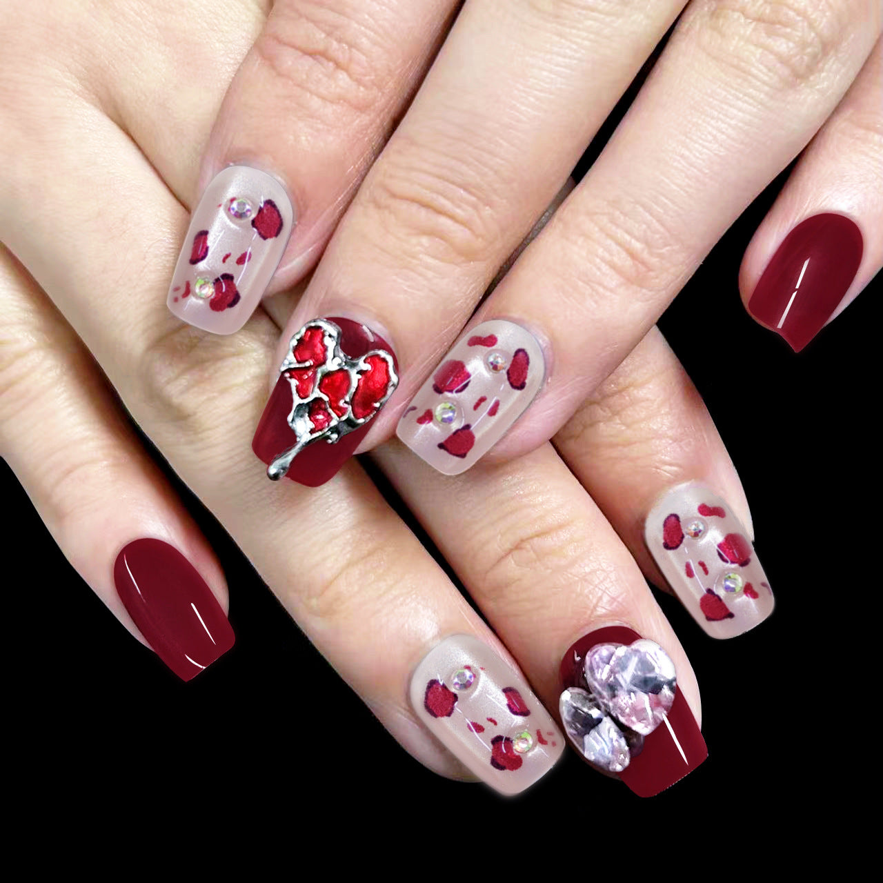 Romantic Elegance Short Square Press On Nail Set in Deep Red with Unique Heart and Gemstone Accents