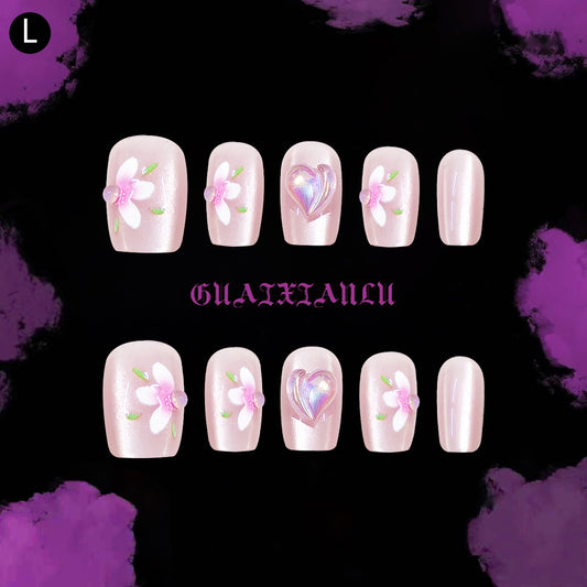 Blossom Fantasy Short Square Pink with Floral and Heart Design Press-On Nail Set