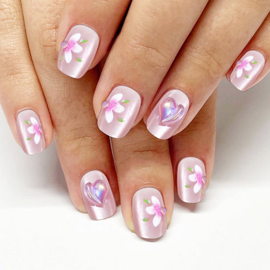 Blossom Dream Press-On Nail Set Short Square Blush Pink with Floral and Iridescent Heart Accent