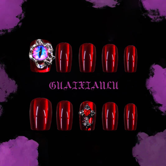 Mystical Elegance Glossy Short Square Shape Deep Red Press-On Nail Set with Unique Gemstone Accents