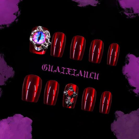 Mystical Enchantment Short Square Deep Red Press On Nail Set with Eye and Cross Design