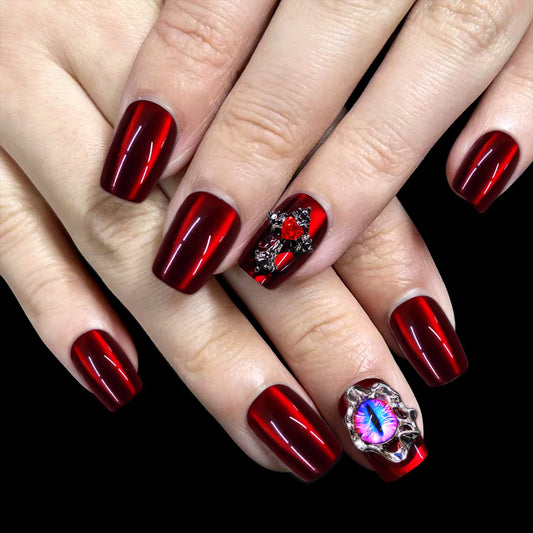 Glamorous Elegance Short Square Red Press On Nail Set with Unique Gemstone Accent