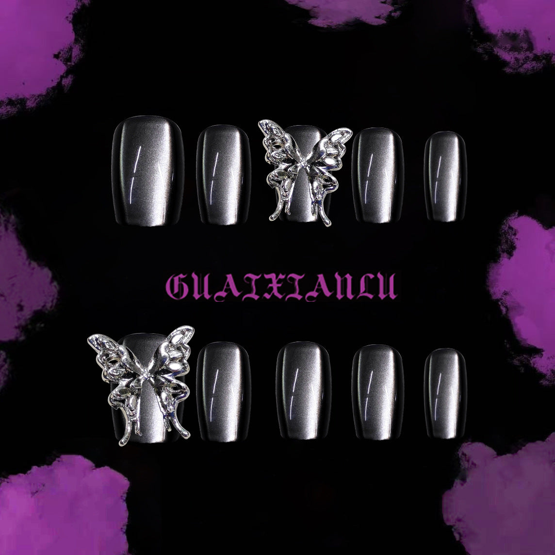 Mystical Butterfly Charm Press On Nail Set in Short Square Silver Chrome with Stunning Butterfly Accents