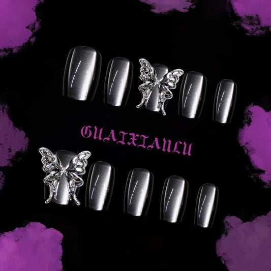 Enchanting Butterfly Glamour Short Square Metallic Gray Press-On Nail Set with Stunning Butterfly Accent